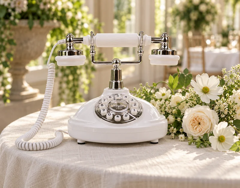 White and chrome vintage-style audio guestbook phone on ivory linen beside white wedding flowers.